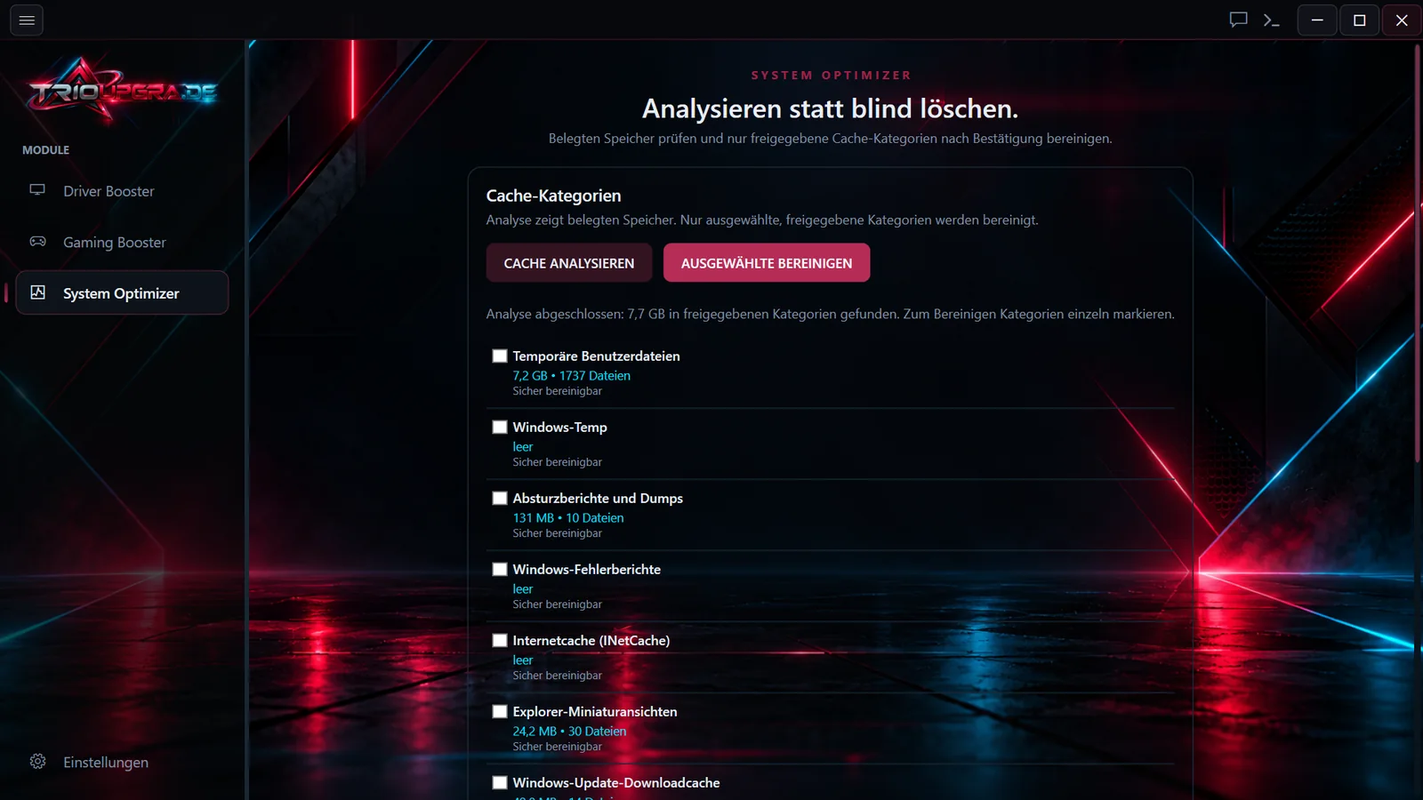 System Optimizer nach der Cache-Analyse